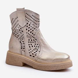 Zazoo 3470 Damen-Lederstiefeletten mit flachem Absatz, durchbrochen, gebürstetes Gold golden 2