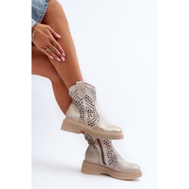 Zazoo 3470 Damen-Lederstiefeletten mit flachem Absatz, durchbrochen, gebürstetes Gold golden 1