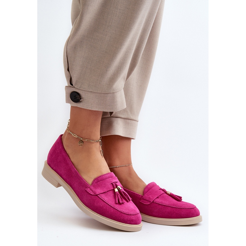 Zazoo 3420 Wildleder-Mokassins für Damen mit flachem Fuskja-Absatz rosa 2