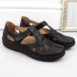 Bequeme, durchbrochene Damenschuhe aus Leder mit Klettverschluss, schwarz Helios 423.011 1