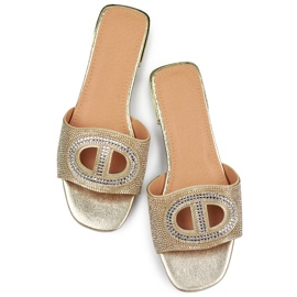 Elegante goldene Damenhausschuhe mit niedrigem Absatz und Pailletten 1