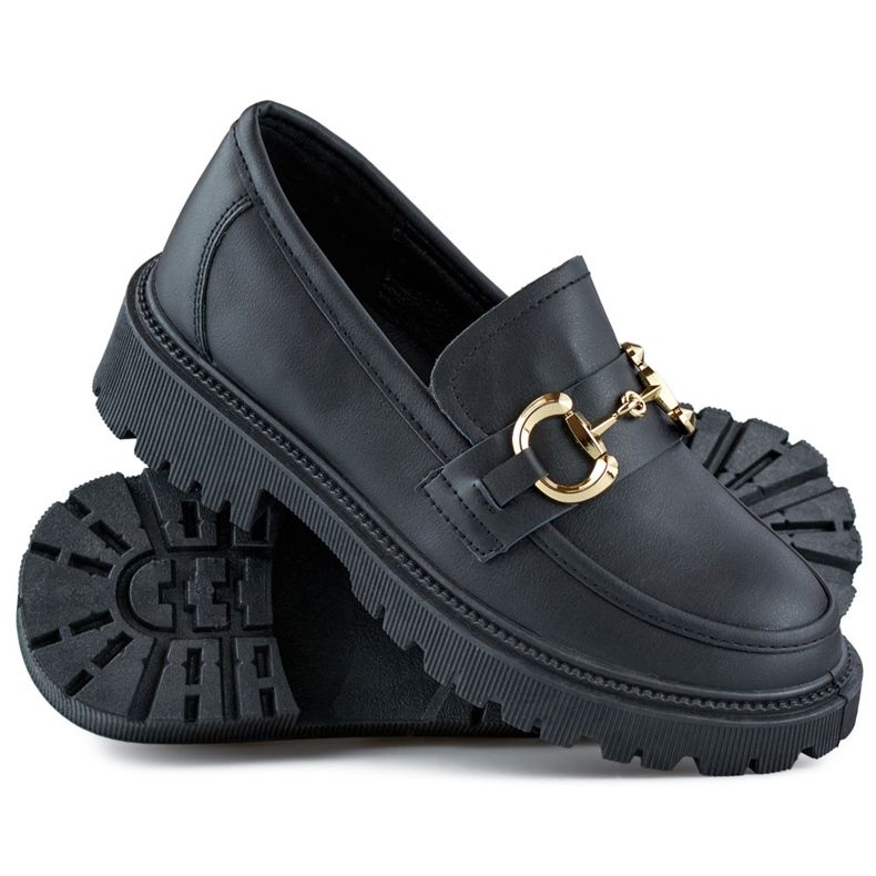 Schwarze Damen-Loafer mit Goldverzierung 1
