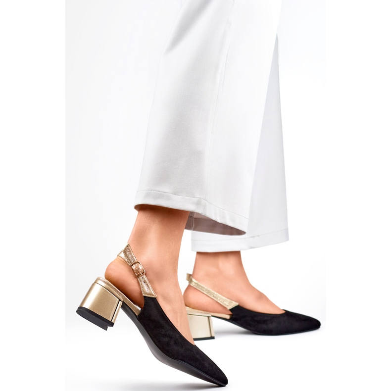 Elegante Wildlederpumps mit offenem Absatz und niedrigem Absatz schwarz 1