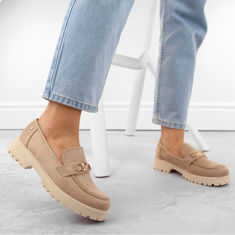 Damenschuhe aus Wildleder, beige Mokassins Potocki YQ21047 2