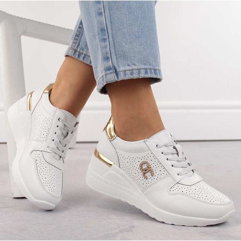 Damen-Sportkeilschuhe aus Leder, weiß, S.Barski LR810 1