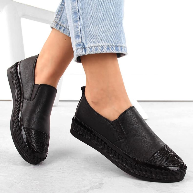 S.Barski Damen-Slipper aus Leder mit Zirkonia, schwarz D&amp;A LR370 1