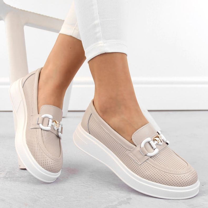 Damen-Lederschuhe, Mokassins auf Plateau, beige S.Barski LR720 1