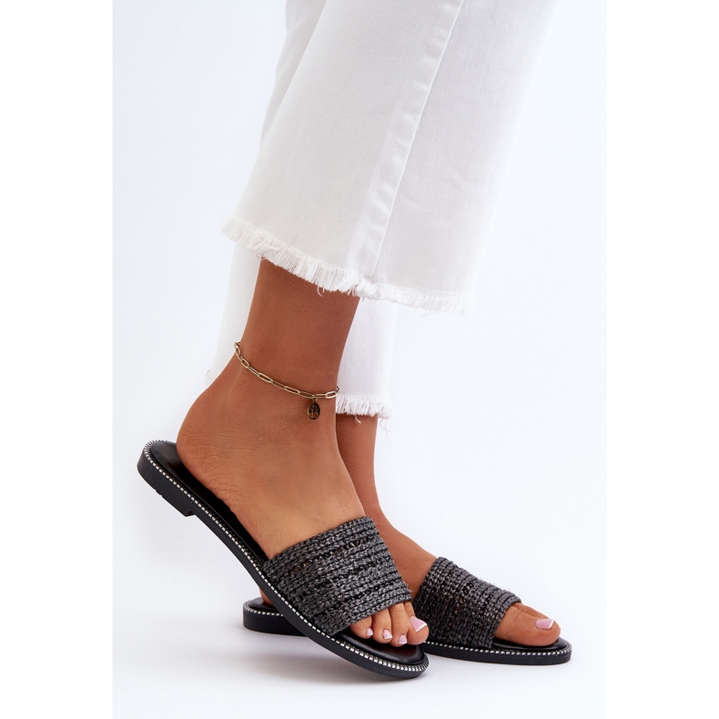 Damensandalen mit geflochtenen flachen Absätzen, schwarze Radians 2