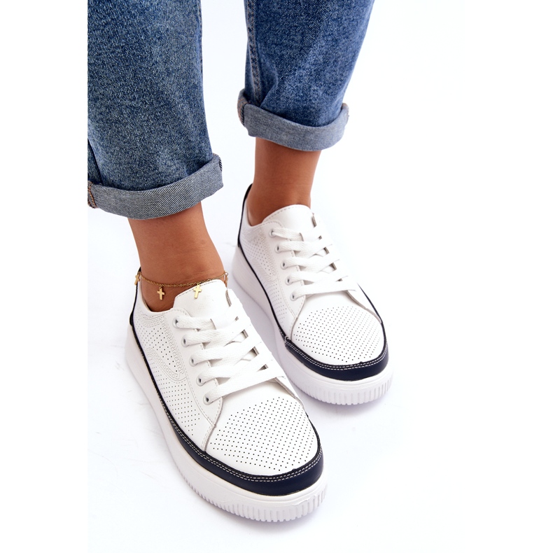 Sergio Leone Damen-Sportschuhe aus Leder, Sneakers, Weiß und Marineblau 3