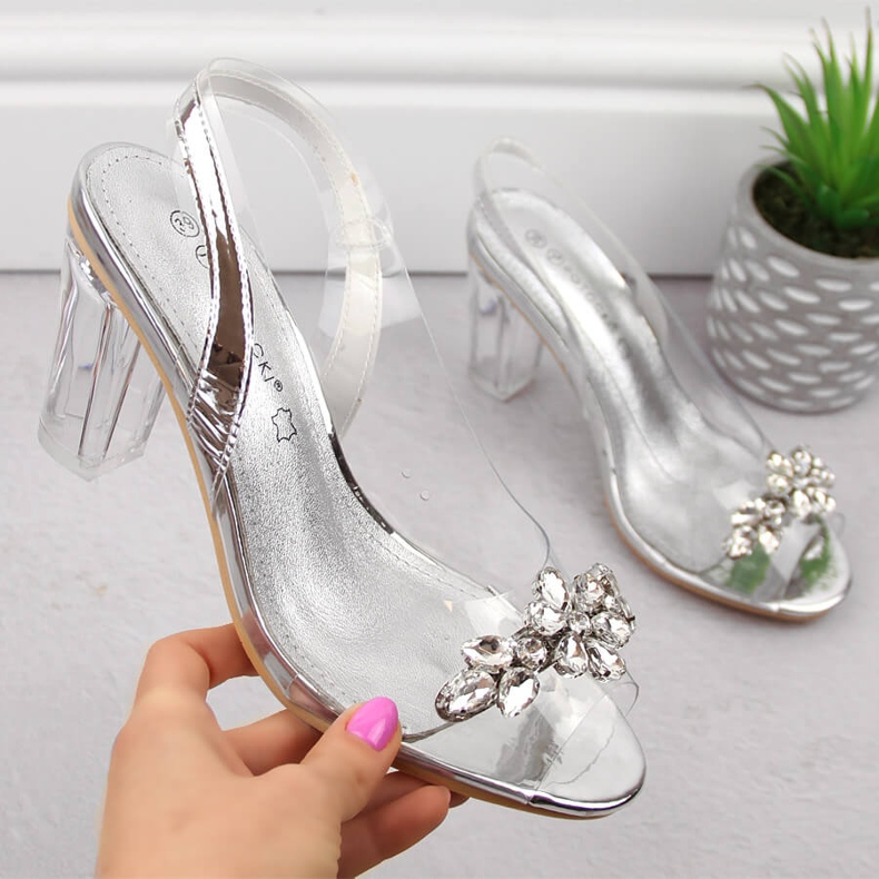 Transparente Damen-Sandalen mit hohen Absätzen und silbernen Zirkonen Potocki WS43305 silber- 1