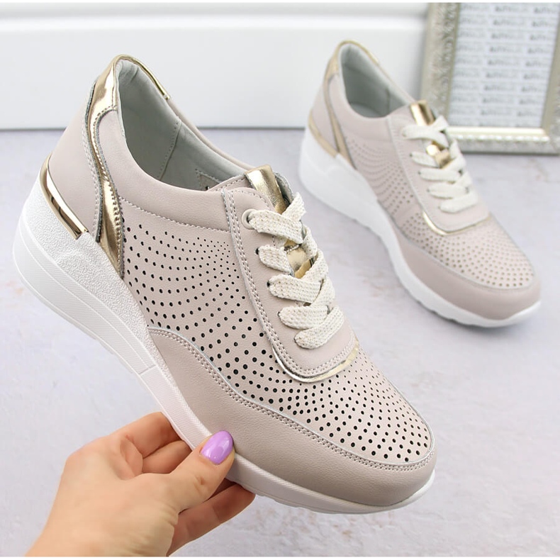 Damen-Sportkeilschuhe aus Leder, bequem, beige S.Barski LR725 1