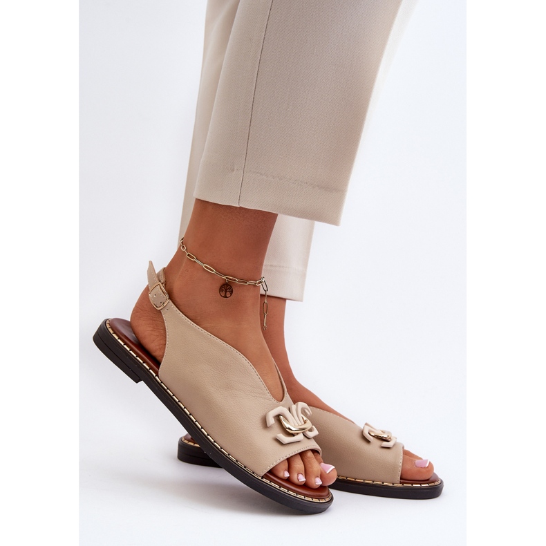 Damen-Sandalen mit flachem Absatz und Verzierung, Beige Loraeleh 2