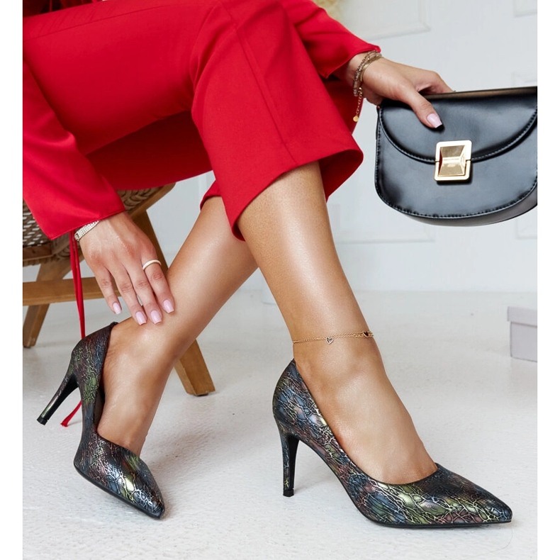 Schwarze Metallic-High-Heels mit Leder-Gantier-Einsatz 1