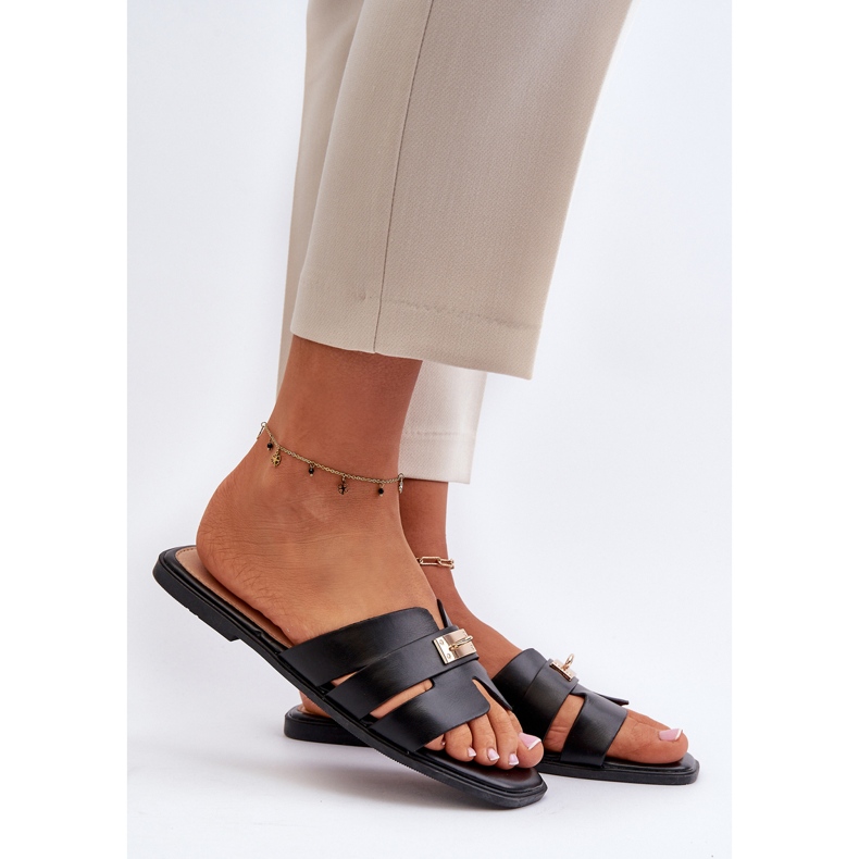 Flache Damen-Flip-Flops mit Verzierung, schwarzes Kavinia 2