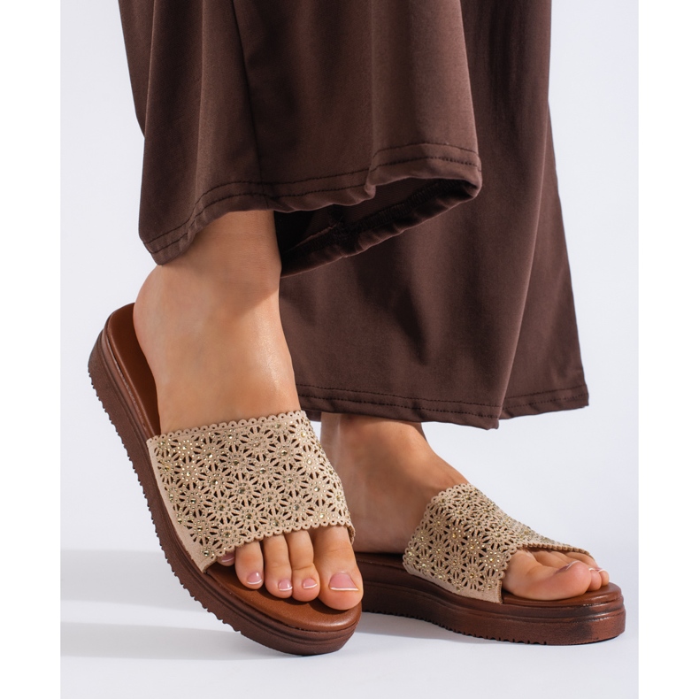 Beigefarbene Plateau-Slides für Damen 1