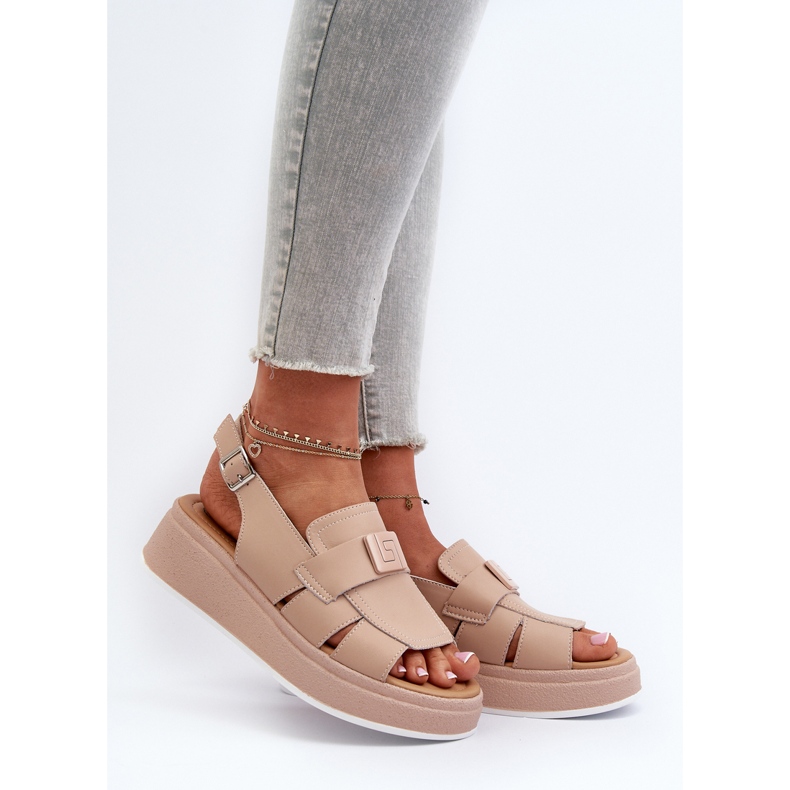 Damen-Ledersandalen auf Plateau und Keilabsatz, dunkelbeige Vivitellia 2