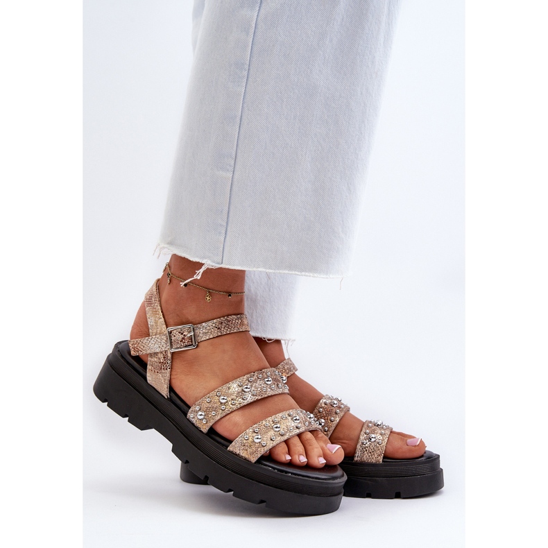 Verzierte Damensandalen aus Öko-Leder Gold-Beige Arcida 2