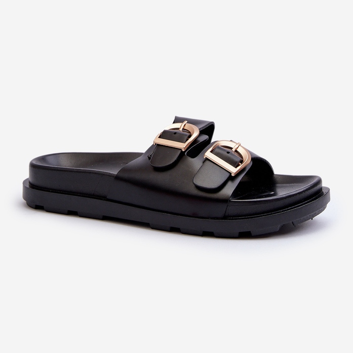 Damen-Flip-Flops aus Öko-Leder mit Schnallen, Schwarz Valmira 1