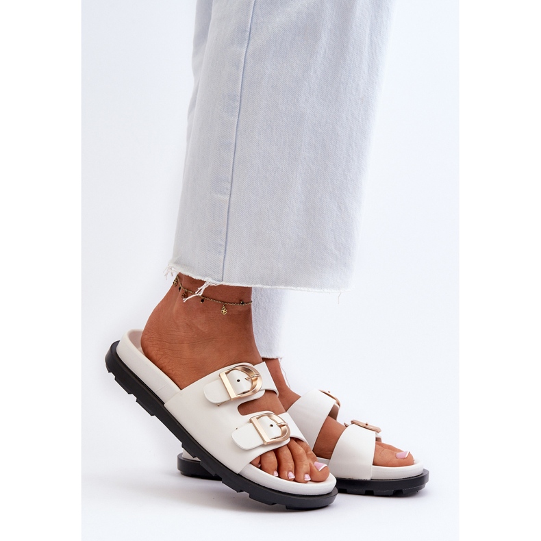 Damen-Flip-Flops aus Öko-Leder mit Schnallen, weißes Valmira 2