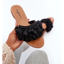 Flache Damen-Flip-Flops mit Fransen, schwarzes Rialle 1