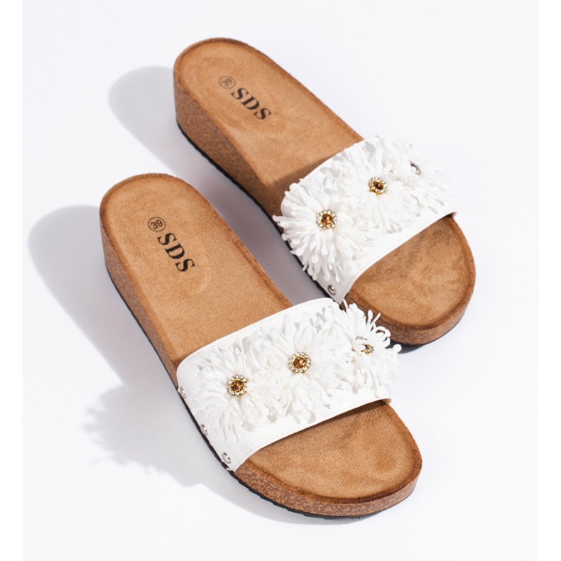 Damen-Slipper aus Wildleder mit Blumen, weiß 1