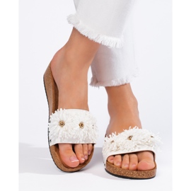 Damen-Slipper aus Wildleder mit Blumen, weiß 2