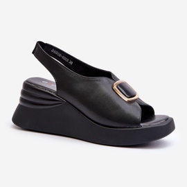 Damen-Keilsandalen aus Leder mit Verzierung, Schwarz Salvania 1