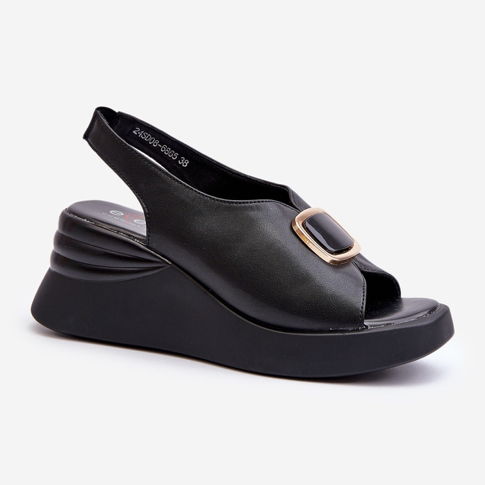 Damen-Keilsandalen aus Leder mit Verzierung, Schwarz Salvania 1