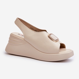 Damen-Keilsandalen aus Leder mit Verzierung, Beige Salvania 2