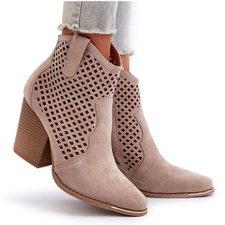 Durchbrochene Damen-Stiefeletten aus Öko-Wildleder mit hohem Absatz, Beige Stardara 7