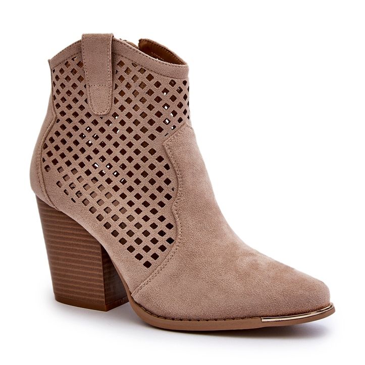 Durchbrochene Damen-Stiefeletten aus Öko-Wildleder mit hohem Absatz, Beige Stardara 2