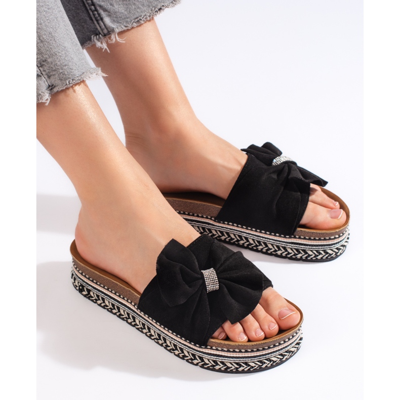 Schwarze Wildleder-Flip-Flops mit Schleife 2