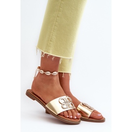 Damen-Flip-Flops mit Öko-Leder-Dekoration auf flachem Absatz, Gold Sadria golden 2