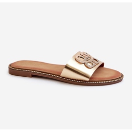 Damen-Flip-Flops mit Öko-Leder-Dekoration auf flachem Absatz, Gold Sadria golden 1