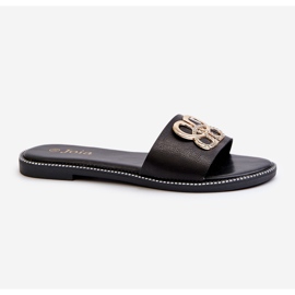 Damen-Flip-Flops mit Öko-Lederverzierung auf flachem Absatz, schwarze Sadria 1