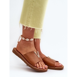 Damen-Flip-Flops mit flacher Sohle und Verzierung, Öko-Leder, braunes Makia 2