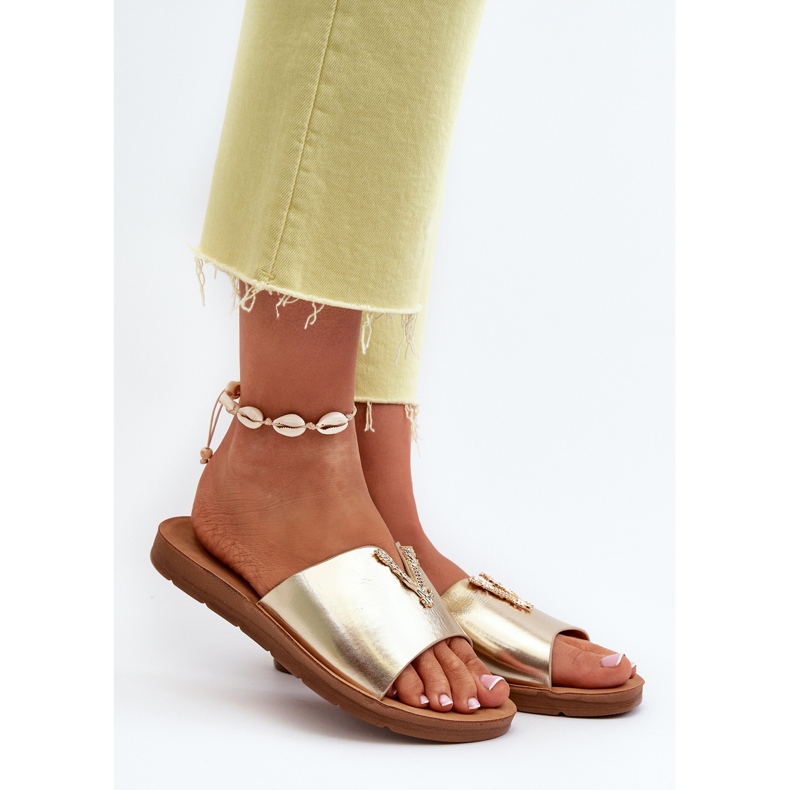 Damen-Flip-Flops mit flacher Sohle und Verzierung aus Öko-Leder, Gold Makia golden 2