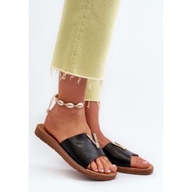 Damen-Flip-Flops mit flacher Sohle und Verzierung, Öko-Leder, schwarzes Makia 2