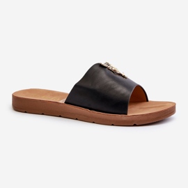 Damen-Flip-Flops mit flacher Sohle und Verzierung, Öko-Leder, schwarzes Makia 1