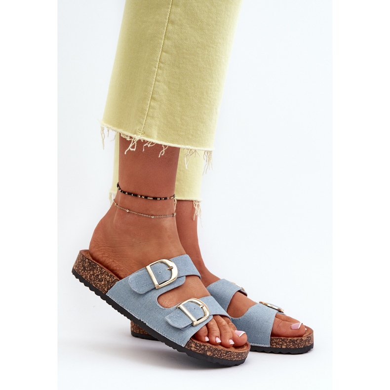 Damen-Jeans-Flip-Flops auf Kork-Plateau mit Riemen, blaue Doretta 2