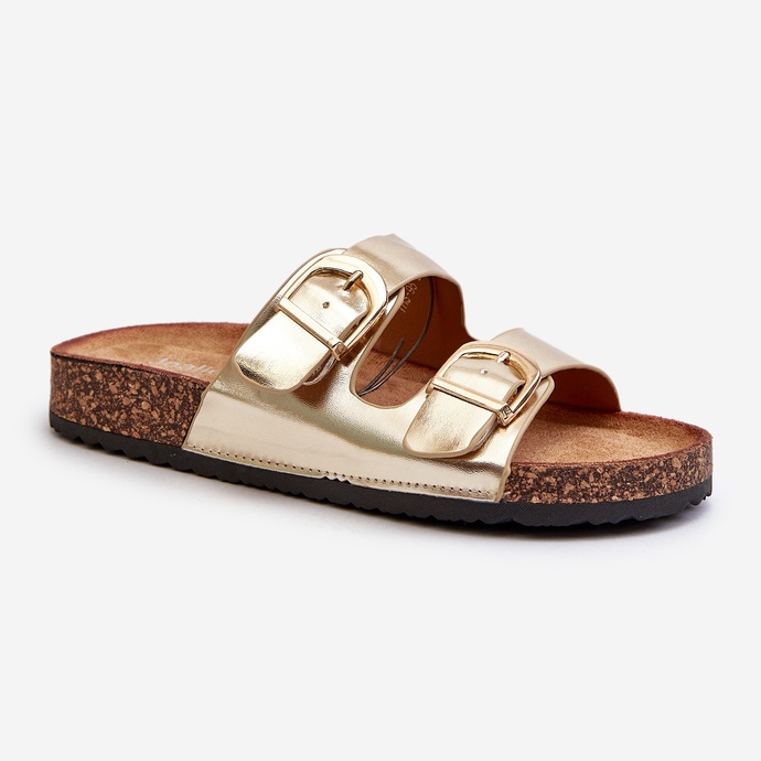 Damen-Flip-Flops auf Kork-Plateau mit Riemen, goldene Doretta 1