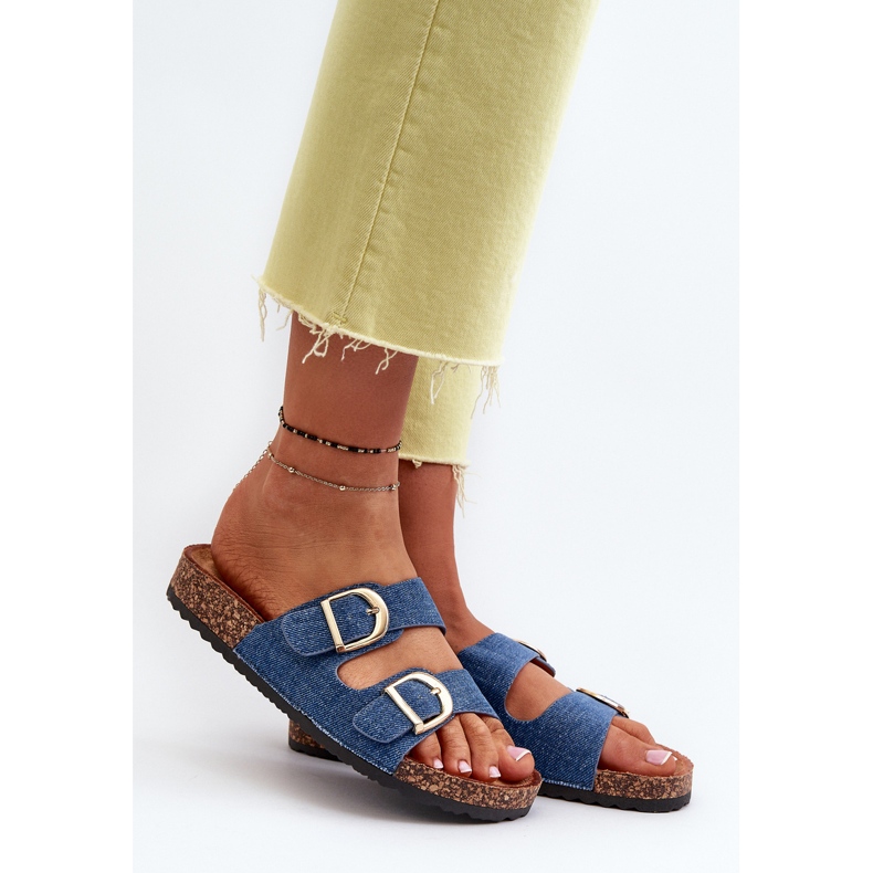 Damen-Jeans-Flip-Flops auf Kork-Plateau mit Riemen, dunkelblaue Doretta 2