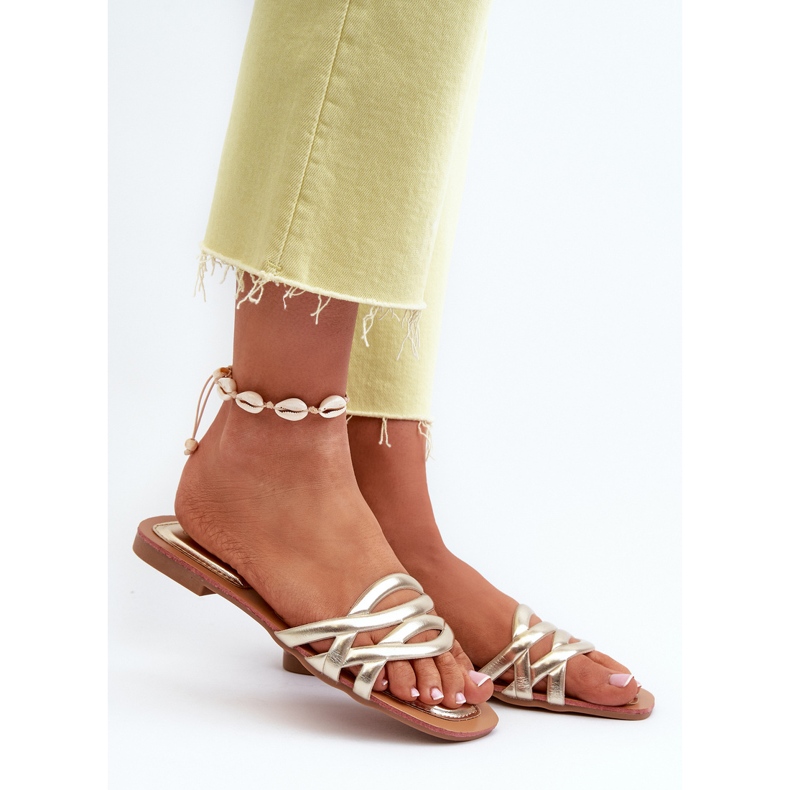 Damen-Flip-Flops aus Öko-Leder mit flachem Absatz, Gold Moldela golden 2