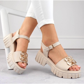 Beige Damen-Ledersandalen mit hohen Absätzen und Plateausohle Vinceza 7910 1