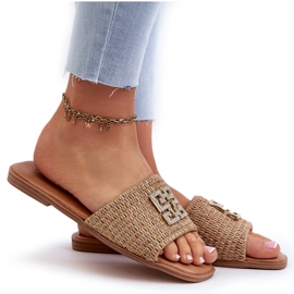 Flache Damen-Flip-Flops mit Zopf und Verzierung, Beige Omenna 8