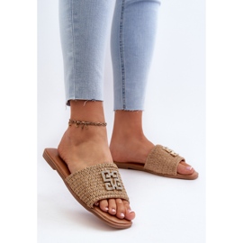 Flache Damen-Flip-Flops mit Zopf und Verzierung, Beige Omenna 3