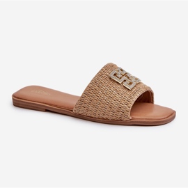 Flache Damen-Flip-Flops mit Zopf und Verzierung, Beige Omenna 1