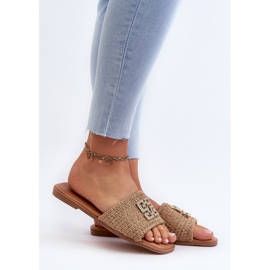 Flache Damen-Flip-Flops mit Zopf und Verzierung, Beige Omenna 2