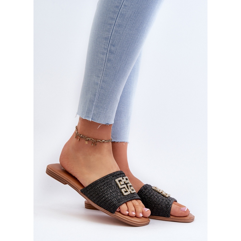 Flache Damen-Flip-Flops mit Zopf und Verzierung, Black Omenna schwarz 1
