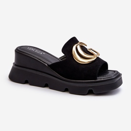 Vinceza Damen-Flip-Flops aus Öko-Wildleder mit Keilabsatz und Plateau mit Goldverzierung, Schwarz Iaria 1